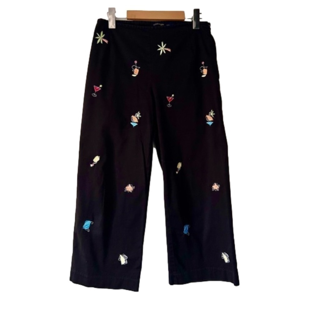 E-COL-O-GIE black  embroidred  pants  size 8 cotton vacation print